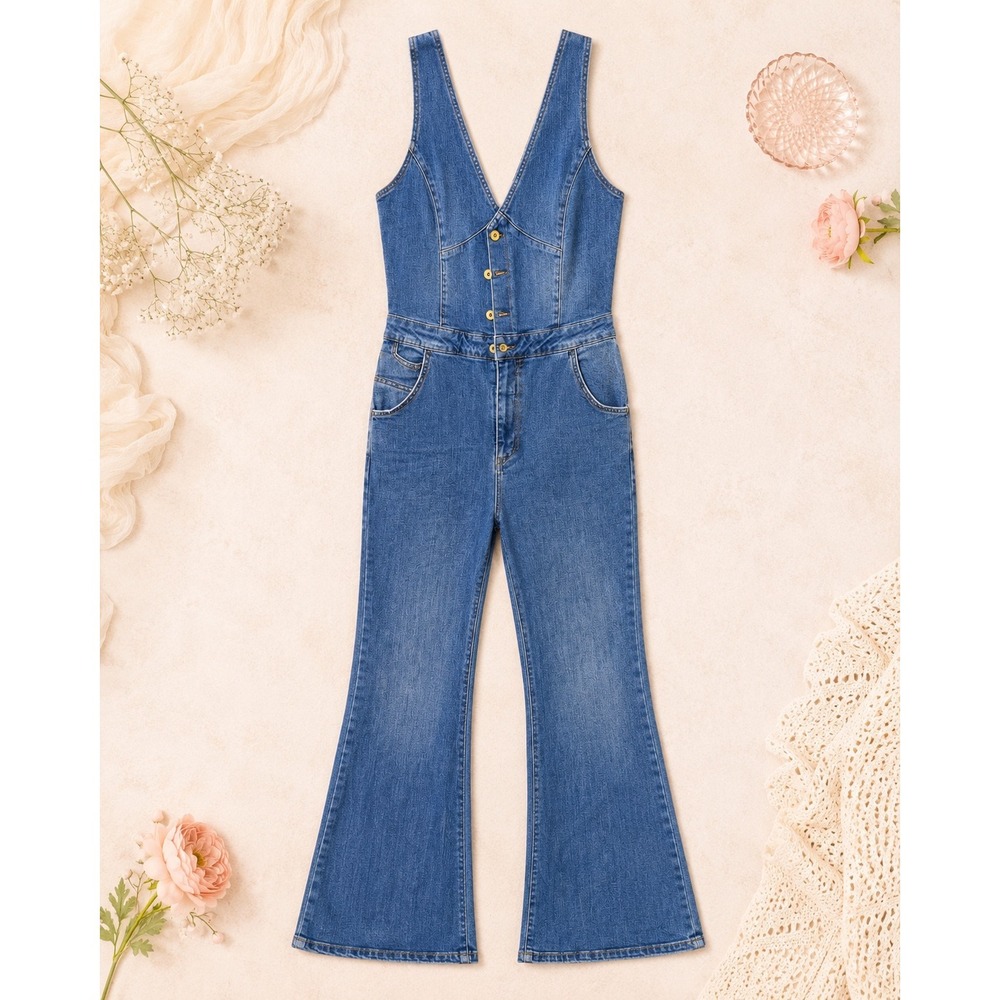 Pilcro Denim Jumpsuit 12 Blue Excellent Flare Leg Vest Top V-Neck - Picture 2 of 16